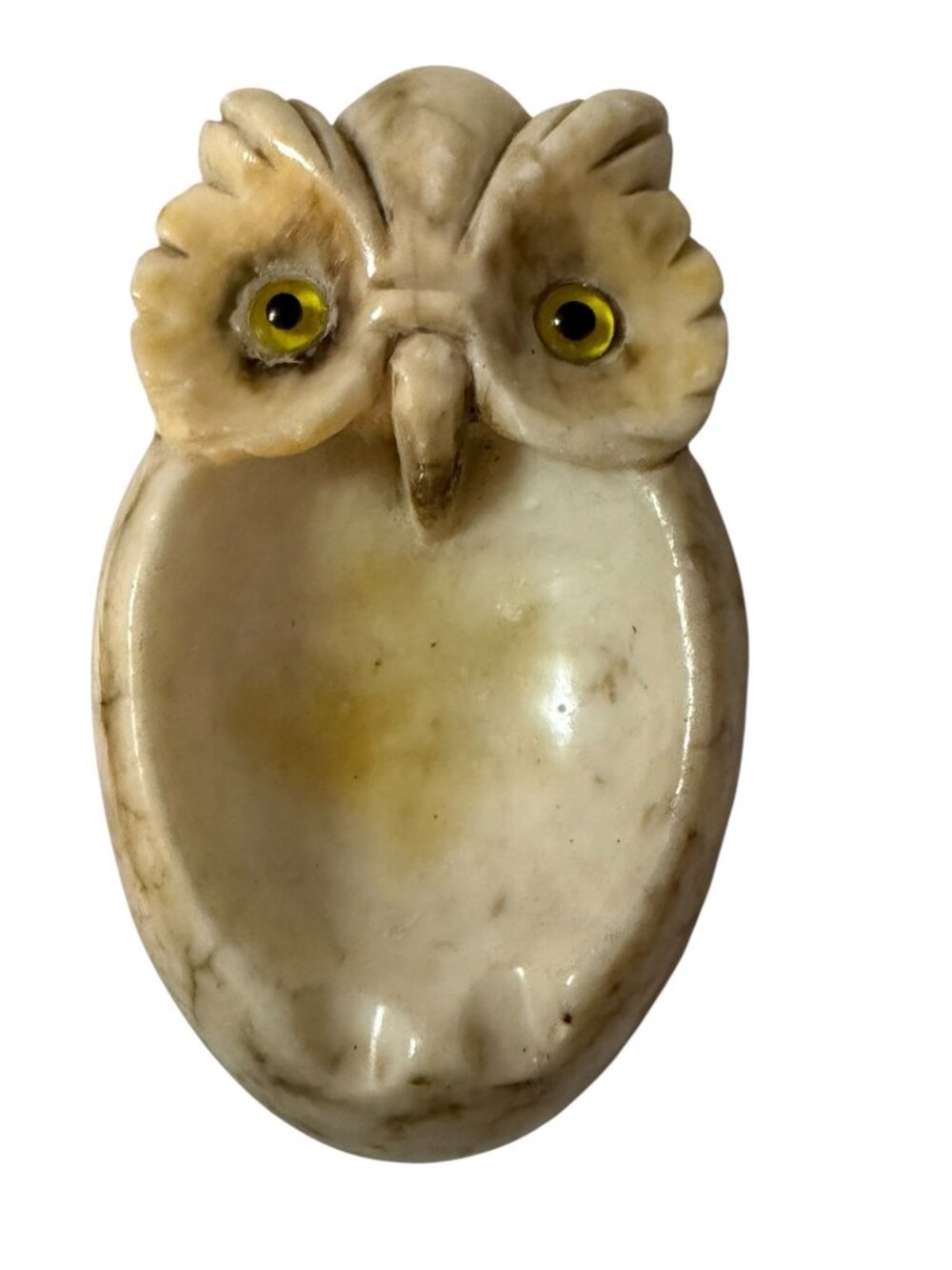 Vintage Italian Alabaster Owl Ashtray Yellow Glass Eyes MCM 5.5 Inch
